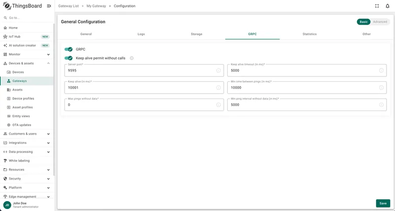 GRPC tab showing server port and keepalive settings