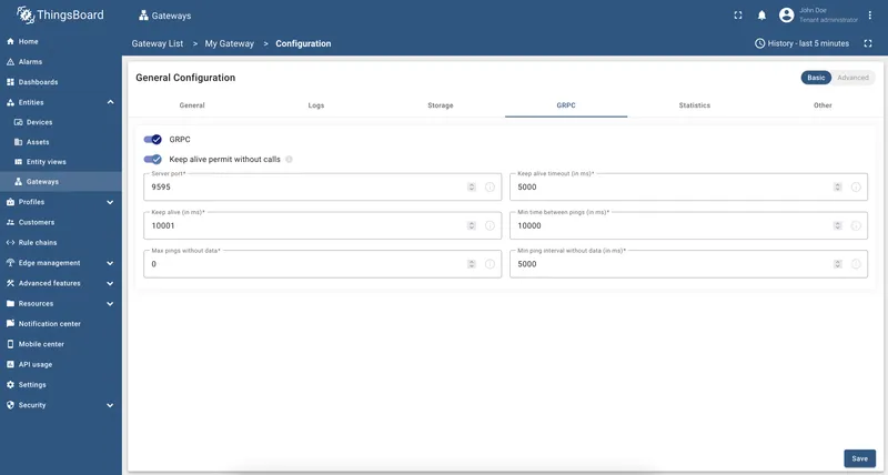 GRPC tab showing server port and keepalive settings