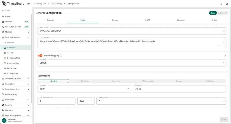 Logs tab showing general, remote, and local logging configuration