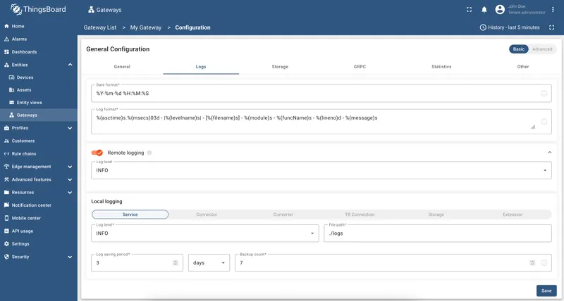 Logs tab showing general, remote, and local logging configuration