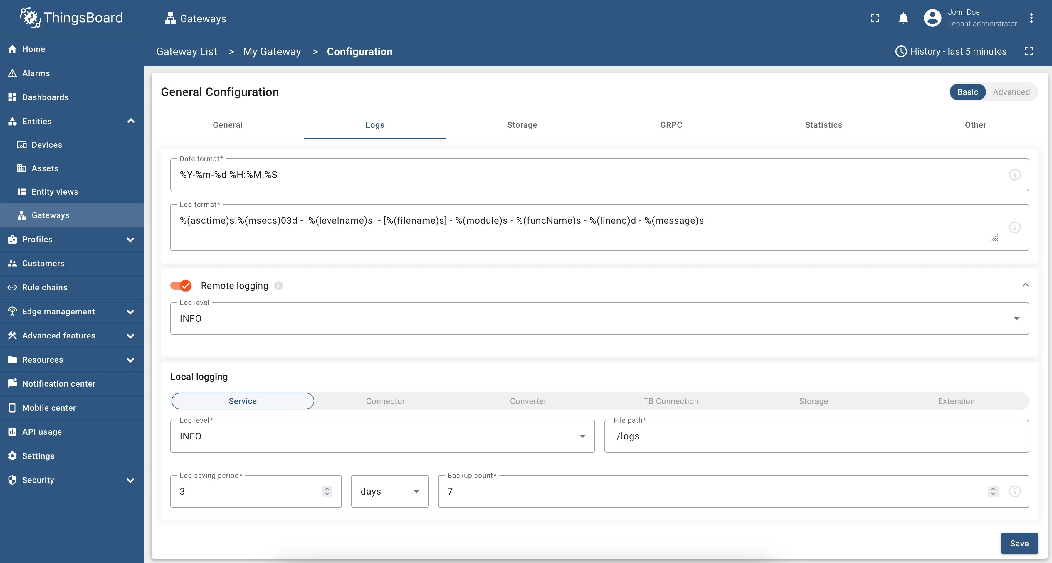Logs tab showing general, remote, and local logging configuration