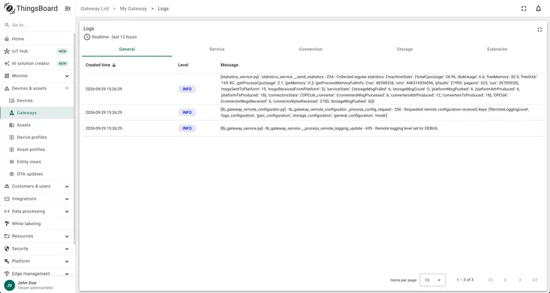 Logs page showing real-time gateway log entries with level and message columns