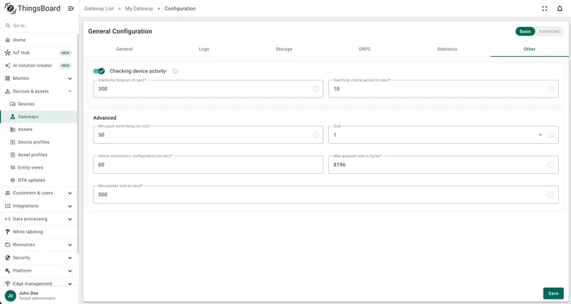 Other tab showing device activity checking and advanced MQTT settings