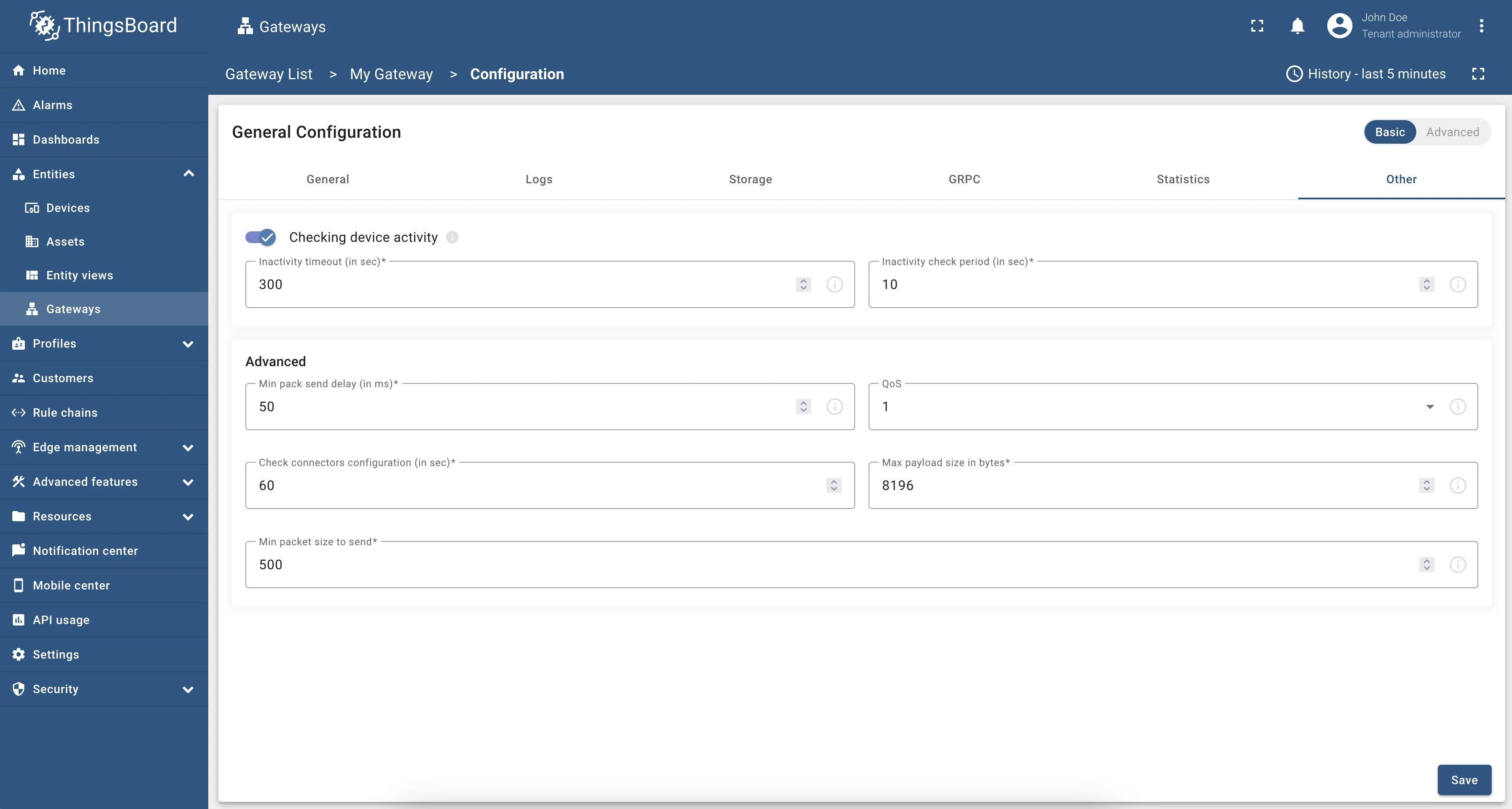 Other tab showing device activity checking and advanced MQTT settings