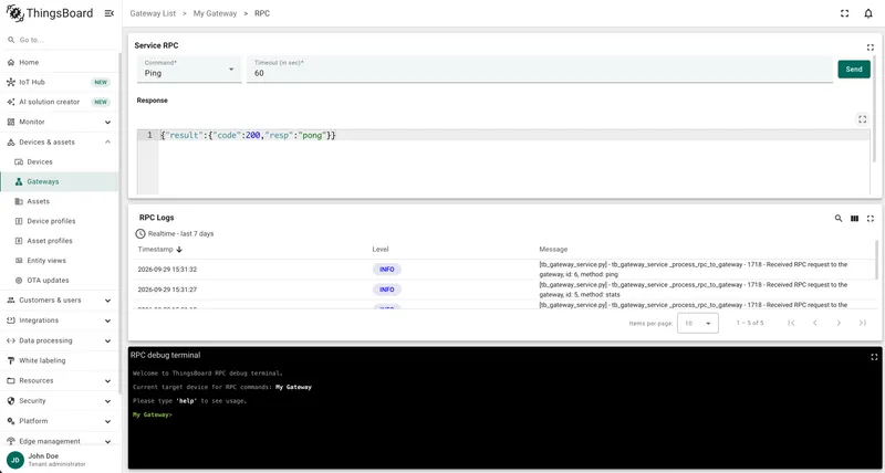 RPC page with service RPC form, RPC logs, and debug terminal widgets