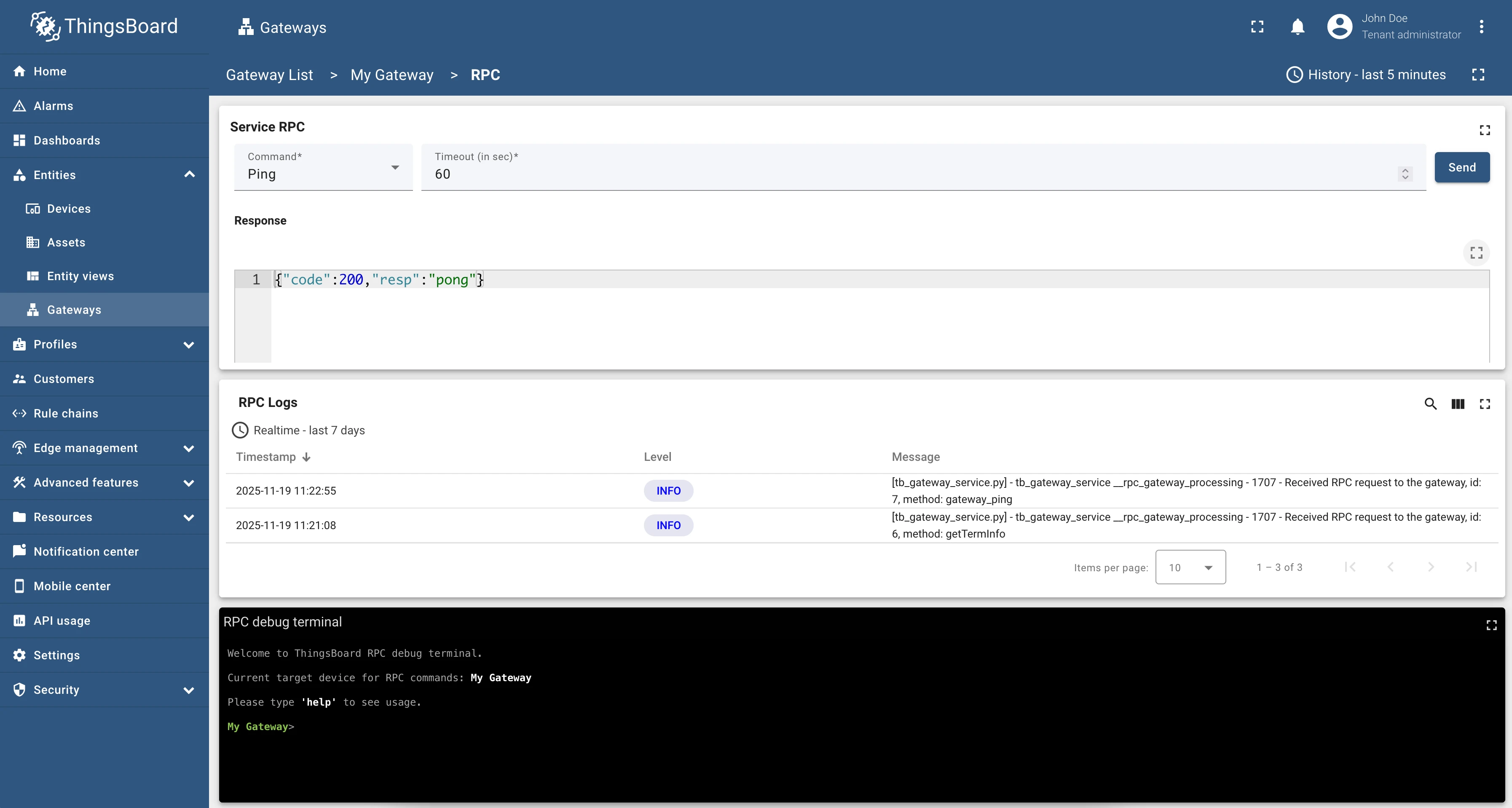RPC page with service RPC form, RPC logs, and debug terminal widgets