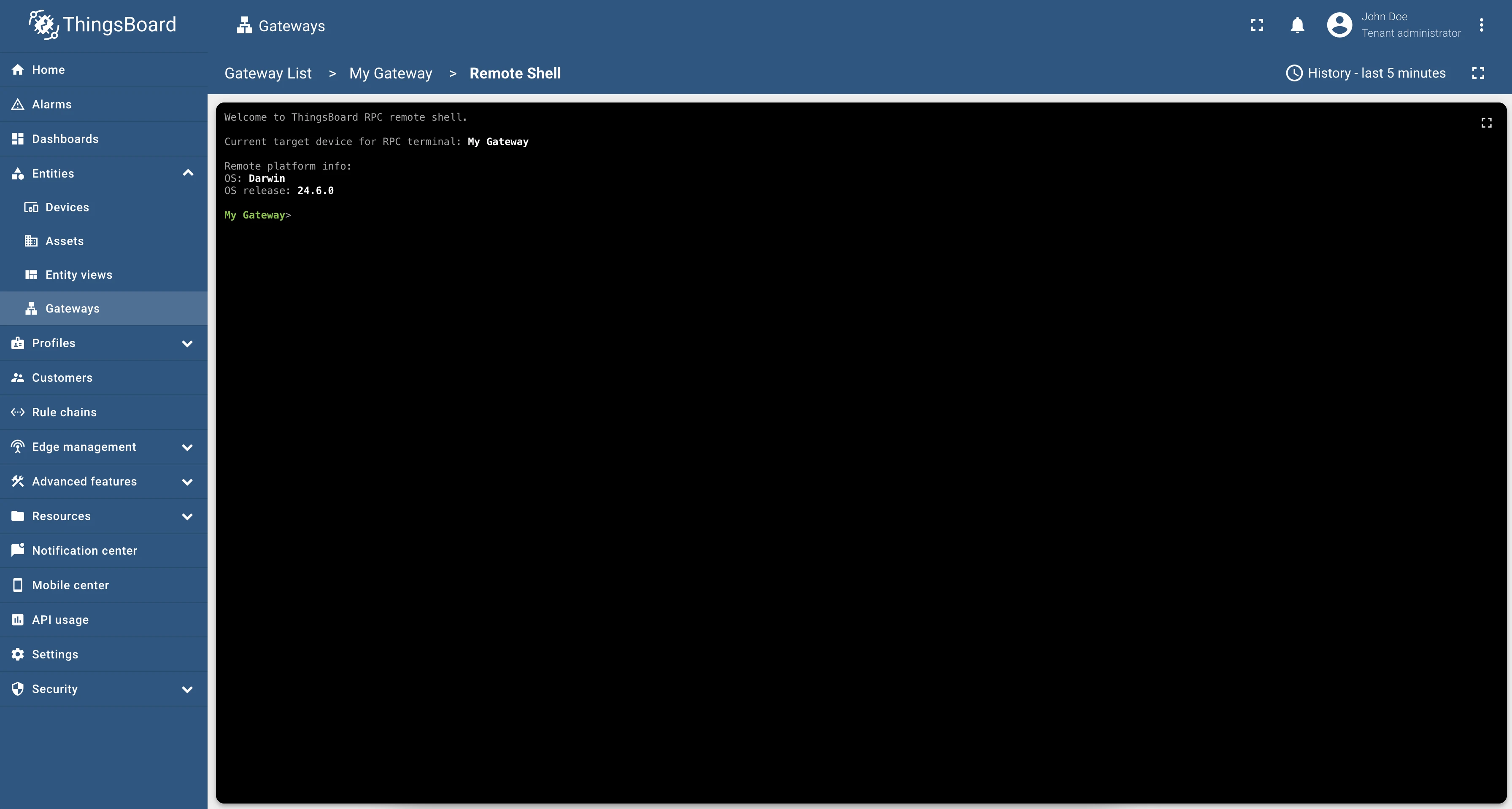 Remote Shell page with terminal widget for controlling the gateway OS