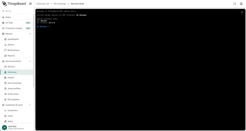 Remote Shell page with terminal widget for controlling the gateway OS