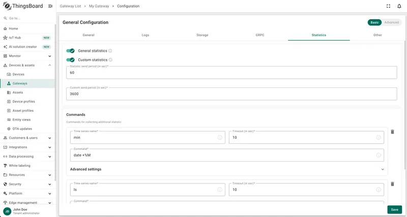 Statistics tab showing general stats, custom stats, and command configuration
