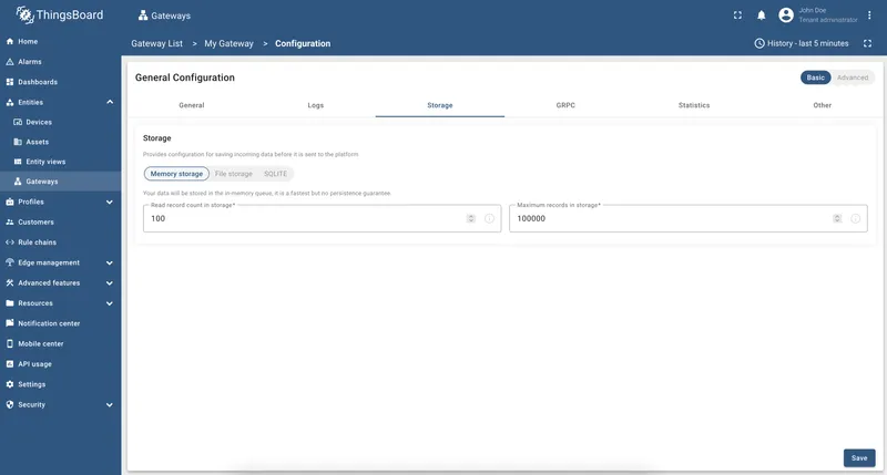 Storage tab showing memory, file, and SQLite storage configuration options