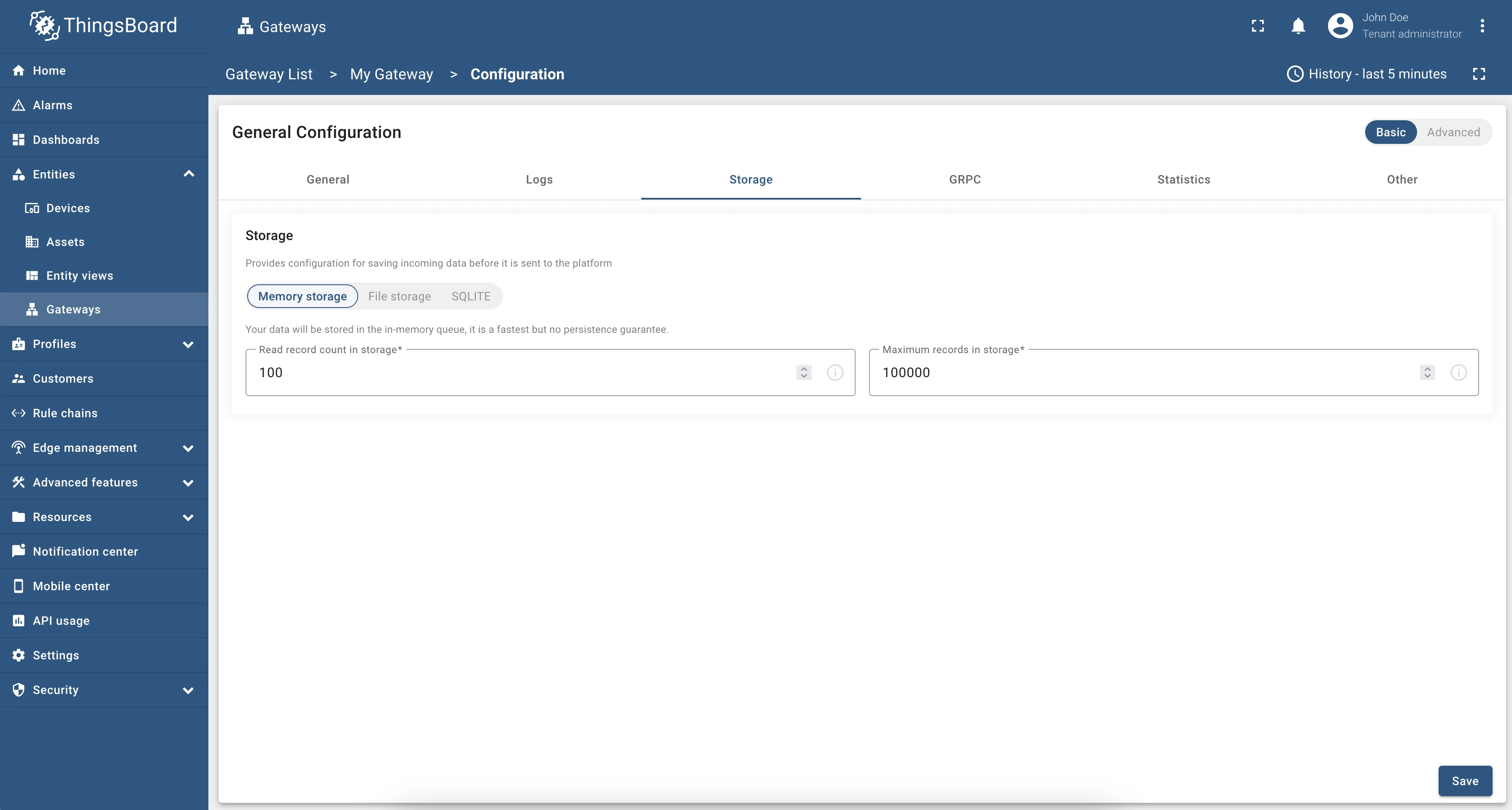 Storage tab showing memory, file, and SQLite storage configuration options