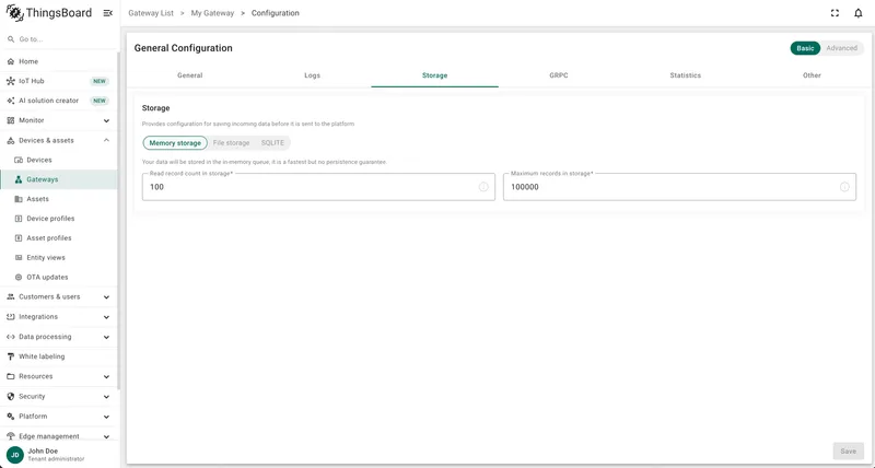 Storage tab showing memory, file, and SQLite storage configuration options