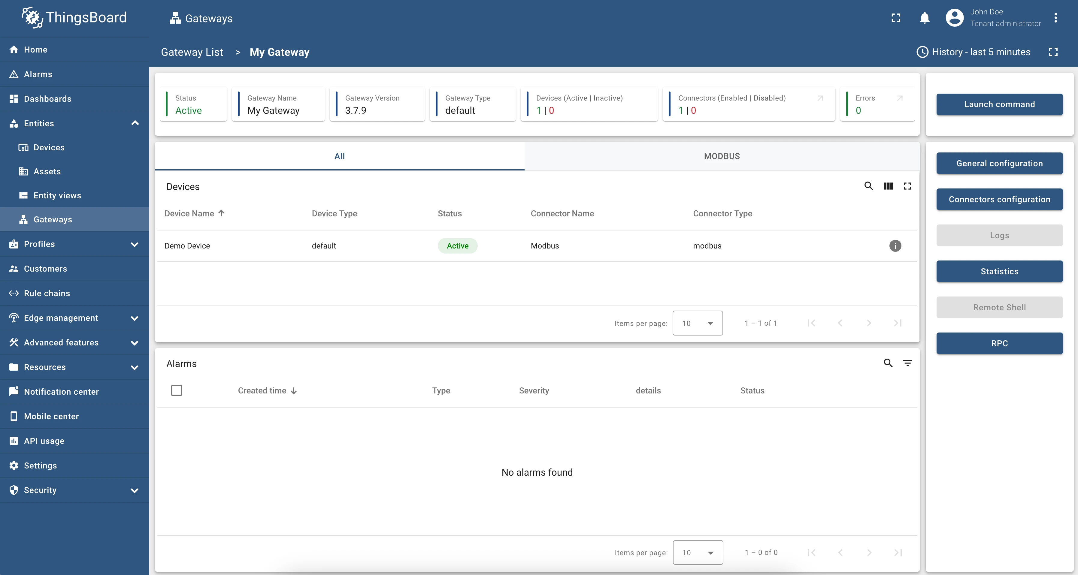 Gateway info page showing four main widgets