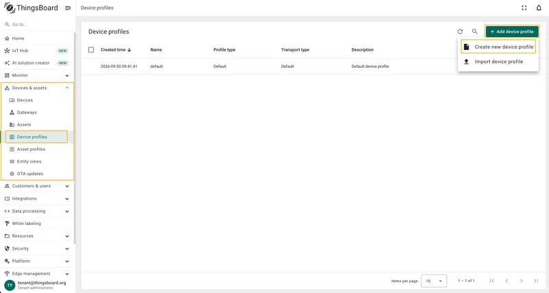 Device profiles page with the Create new device profile option