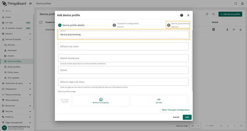 New device profile form with Device provisioning tab open