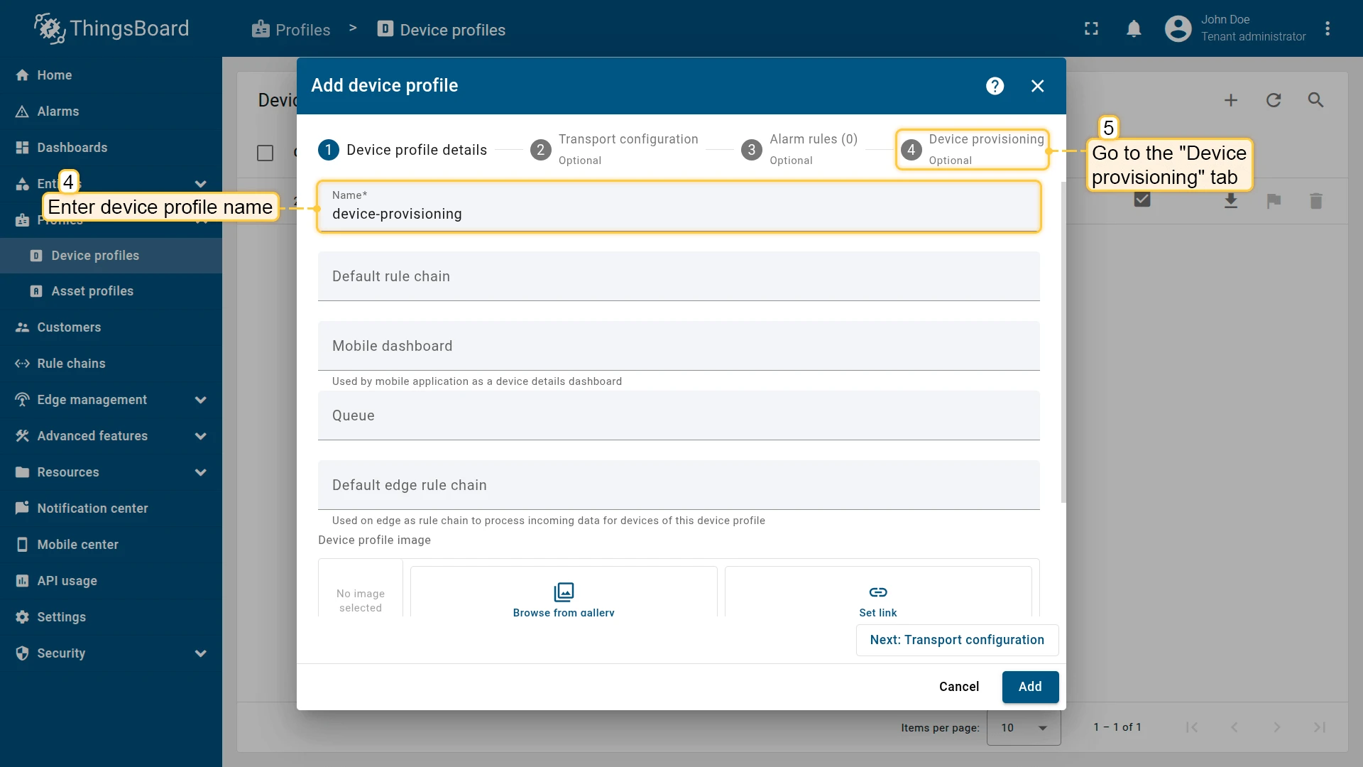 New device profile form with Device provisioning tab open