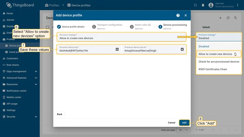 Device provisioning tab with Allow to create new devices selected and key/secret shown