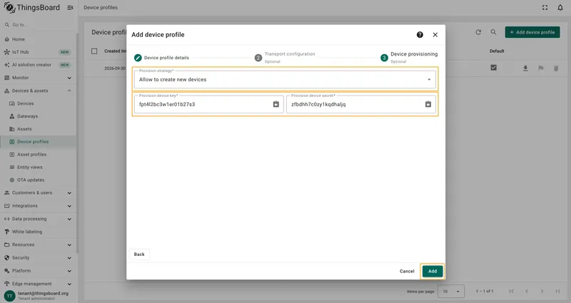 Device provisioning tab with Allow to create new devices selected and key/secret shown