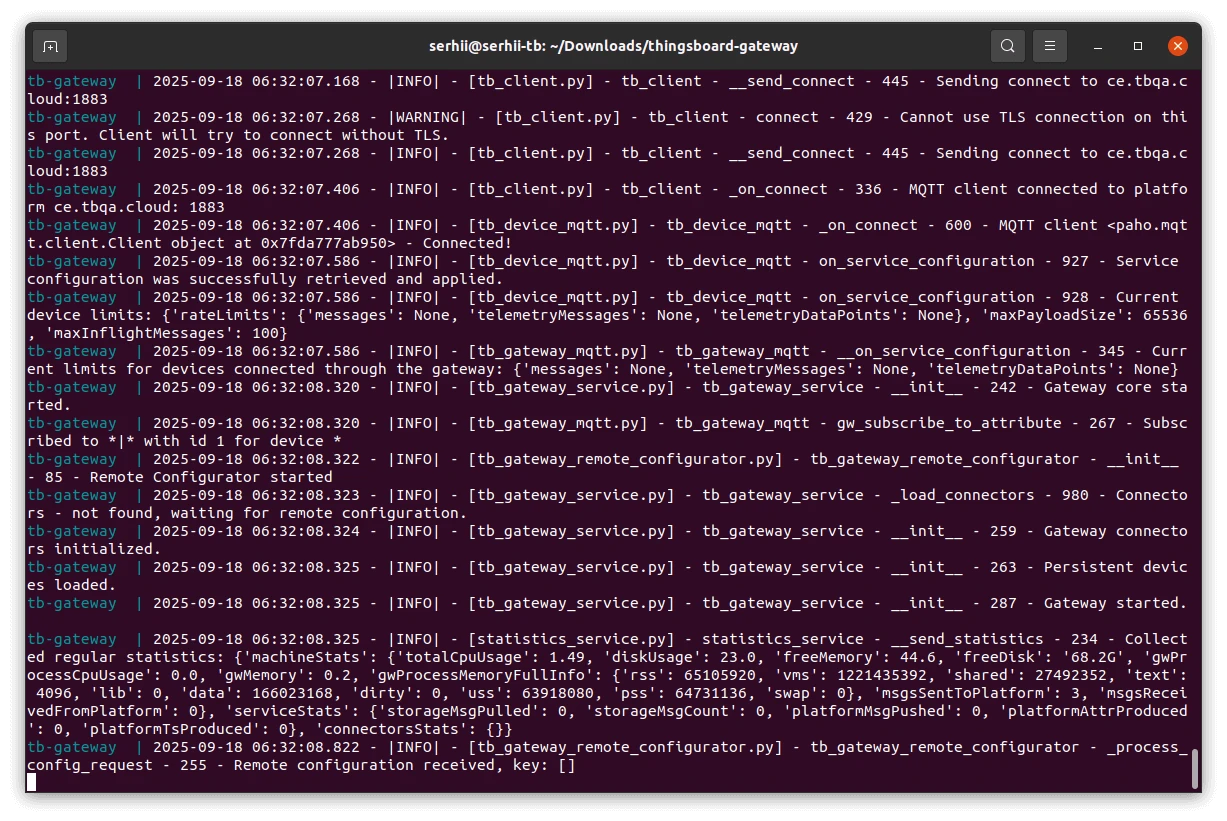 Gateway logs showing successful provisioning and connection