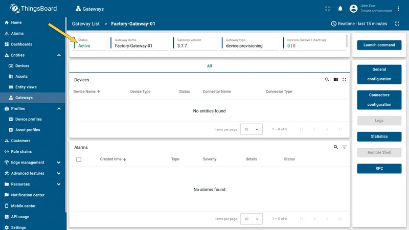 ThingsBoard Gateways page showing the new gateway as active
