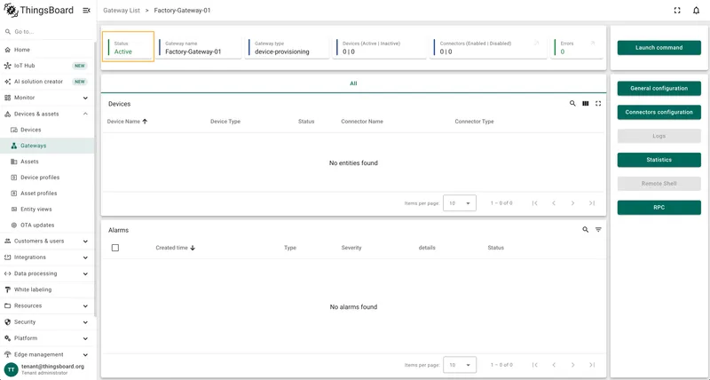 ThingsBoard Gateways page showing the new gateway as active