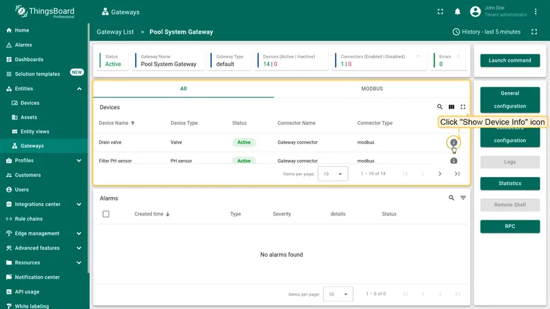 Pool System Gateway connected devices and status