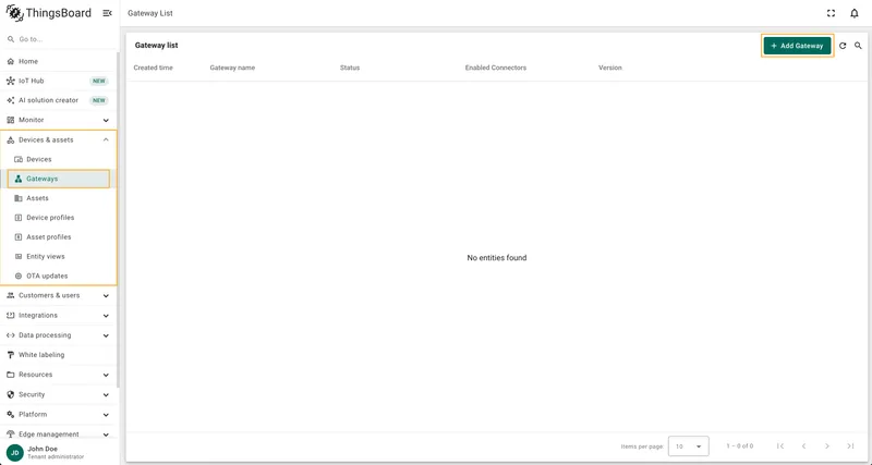 Gateways page with the add button highlighted