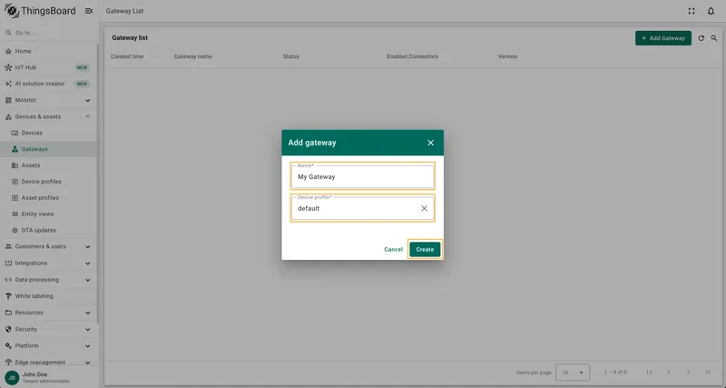New gateway dialog with name and device profile fields