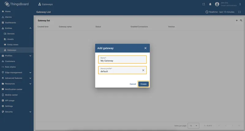 New gateway dialog with name and device profile fields