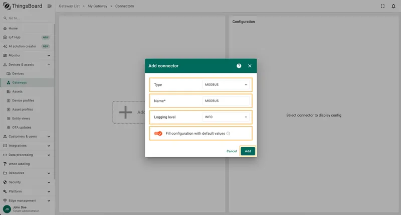 Choose MODBUS connector type and configure