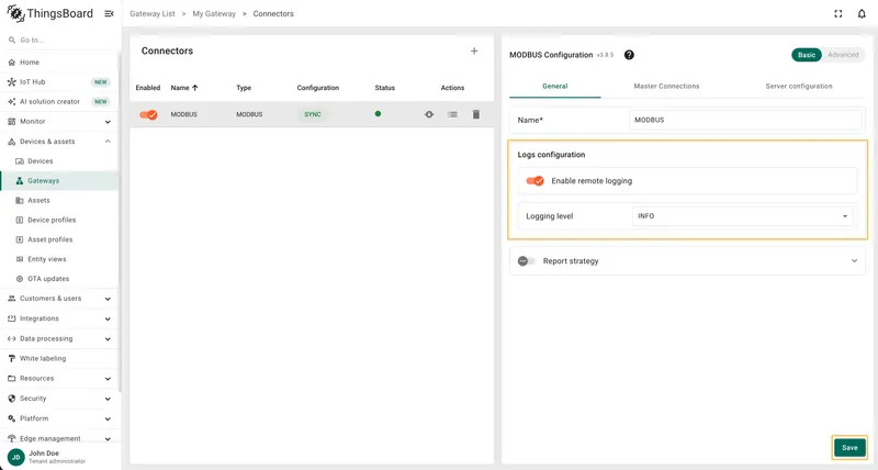 Enable remote logging in connector General tab