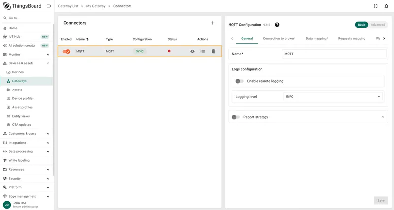 MQTT connector created with default configuration