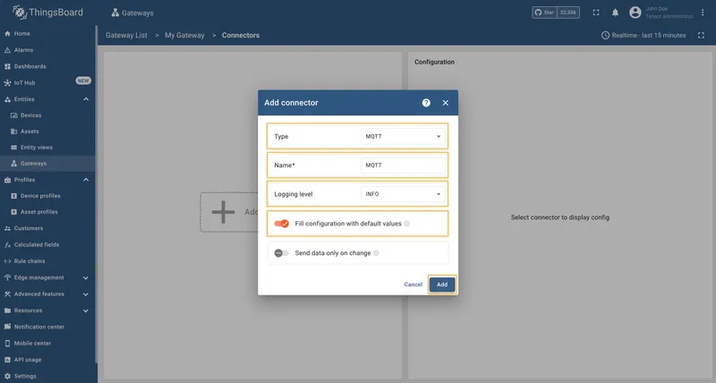 Choose MQTT connector type and configure