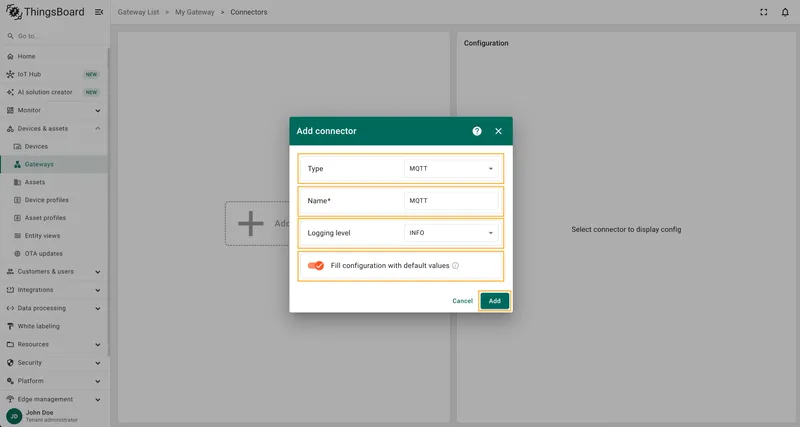 Choose MQTT connector type and configure
