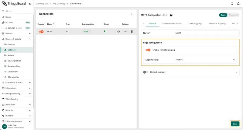 Enable remote logging in connector General tab