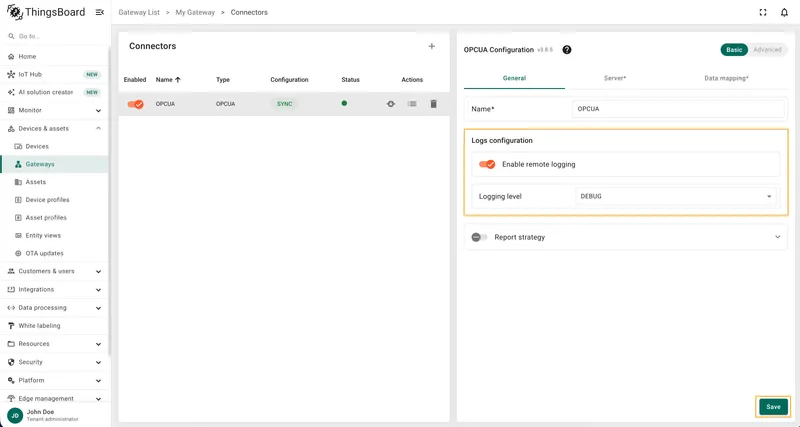 Enable remote logging in connector General tab