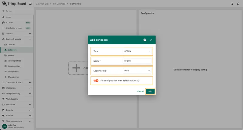 Choose OPCUA connector type and configure