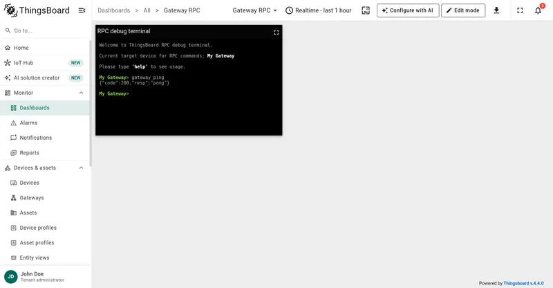 RPC debug terminal showing gateway_ping response with pong