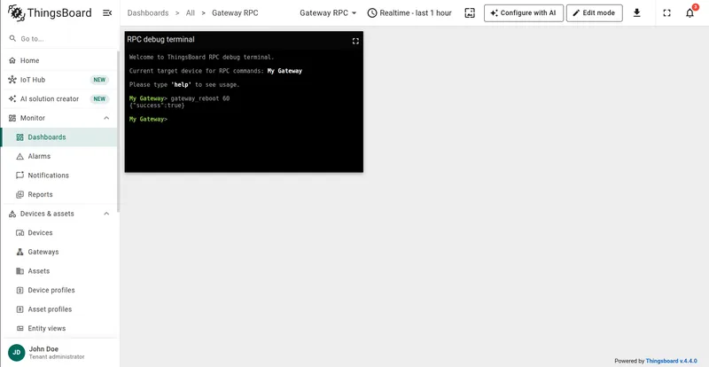 RPC debug terminal showing gateway_reboot scheduled response