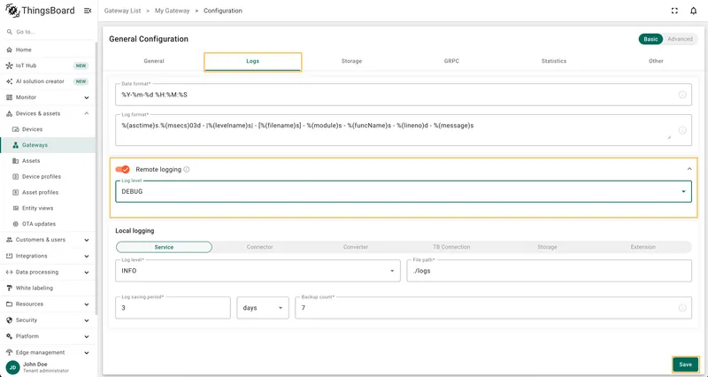 Enable remote logging and set log level to DEBUG