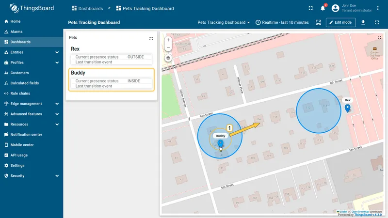 Pet tracker dashboard — safeZoneStatus and safeZoneEvent updating as dogs move across zone boundary
