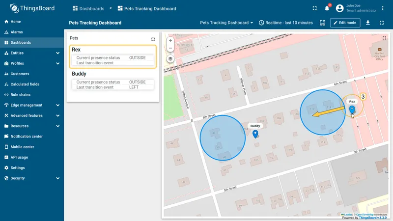 Pet tracker geofencing — Rex outside zone