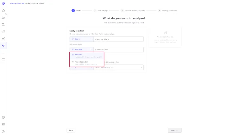 Items to analyze list open with All items, which includes all 5 items of the profile, and Manual selection