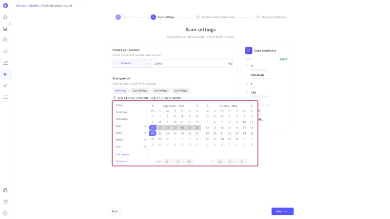 Scan period date picker open with quick ranges and a two-month calendar