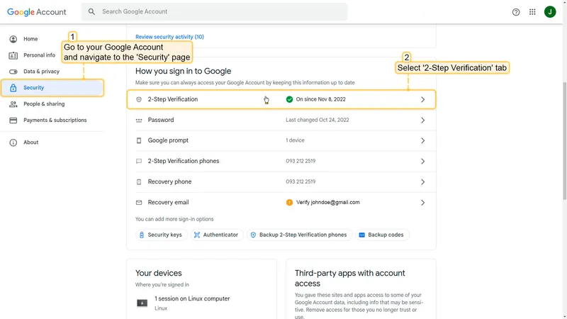Google Security — 2-Step Verification