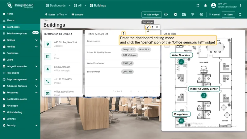 Dashboard in edit mode with pencil icon on Office sensors list widget