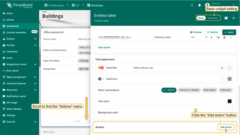 Widget settings Basic tab with Actions section visible and Add action button highlighted