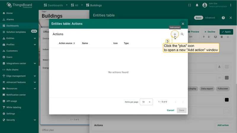 Actions dialog with plus button to create a new action