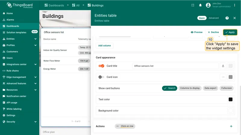 Widget settings with configured action and Apply button highlighted