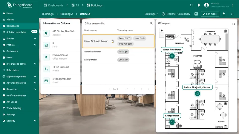 Office sensors list with a device row highlighted and ready to click